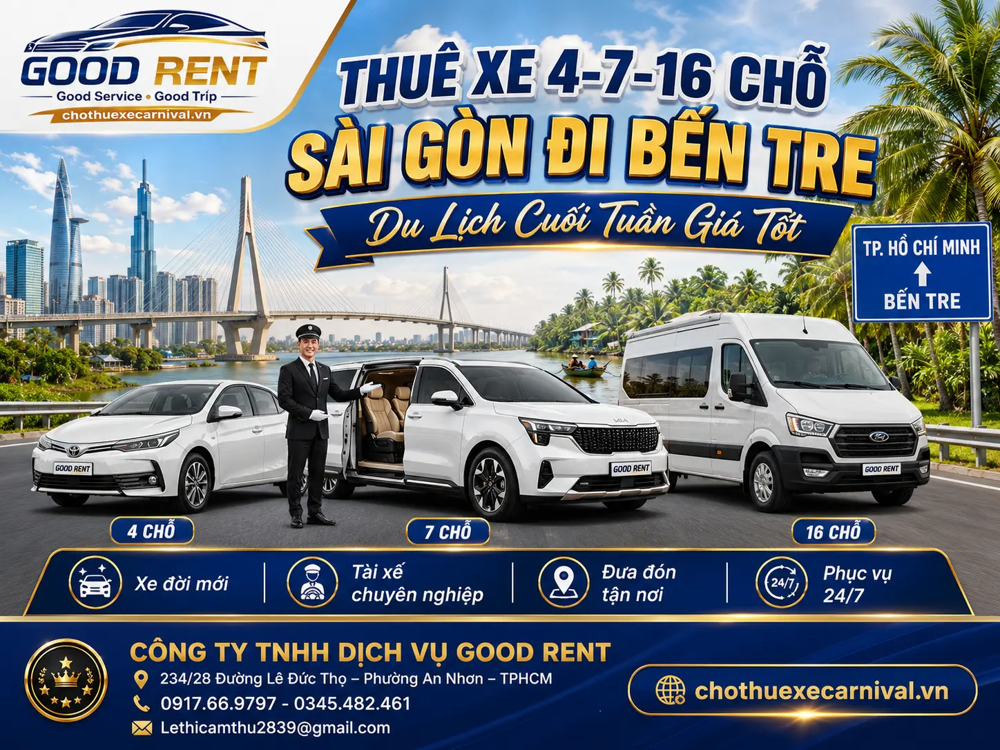 Thuê Xe 4-7-16 Chỗ Sài Gòn Đi Bến Tre Du Lịch Cuối Tuần Giá Tốt