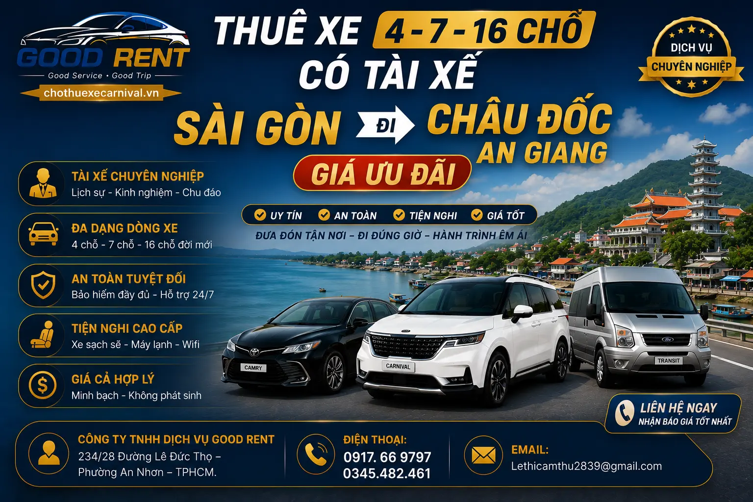 Thuê Xe 4-7-16 Chỗ Sài Gòn Đi Châu Đốc An Giang Giá Ưu Đãi