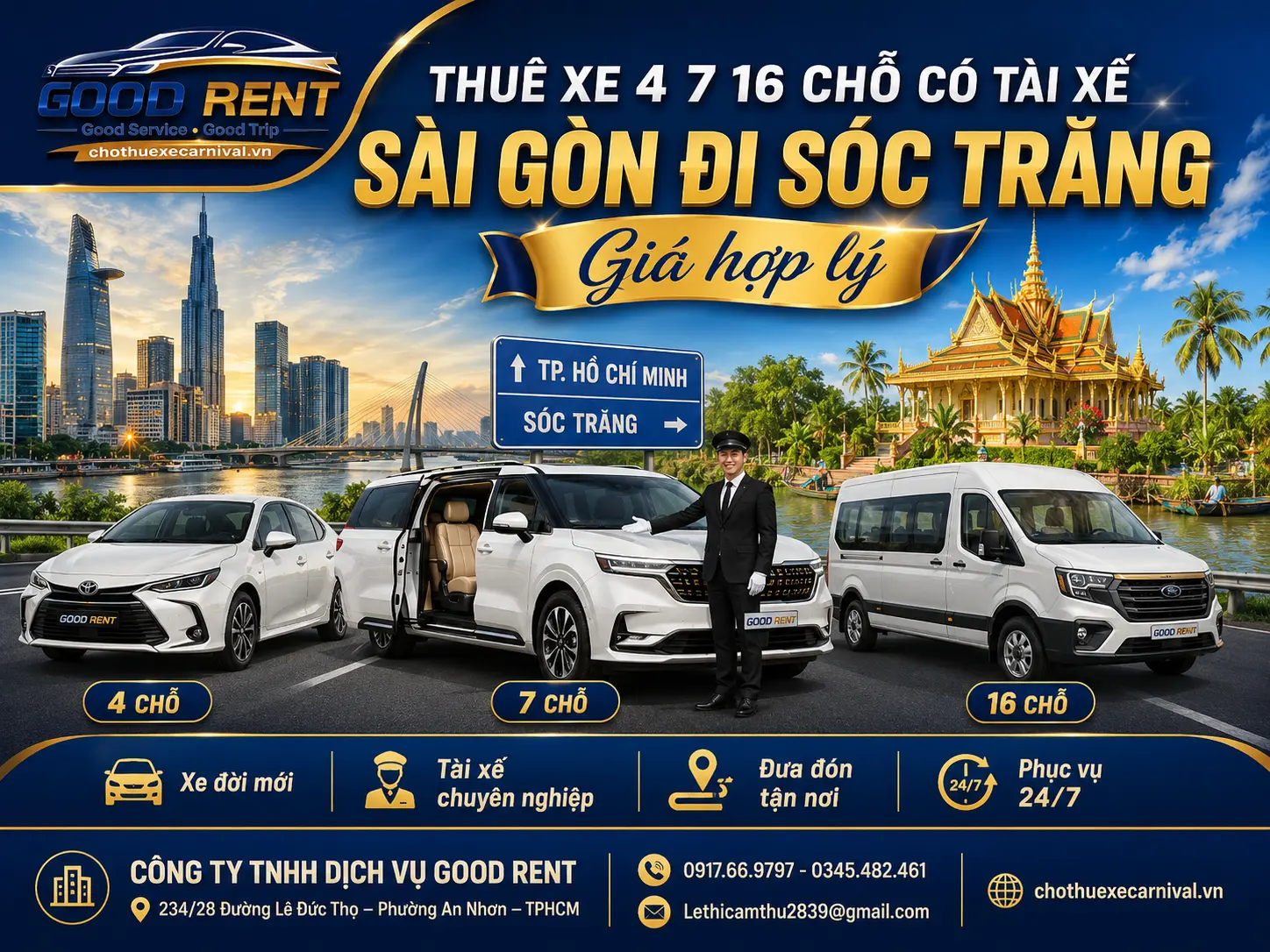 Thuê xe 4 7 16 chỗ có tài xế Sài Gòn đi Sóc Trăng giá hợp lý
